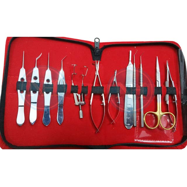 BASIC OPHTHALMIC CATARACT SET 12 PCS STAINLESS STEEL WITH LEATHER KIT POUCH